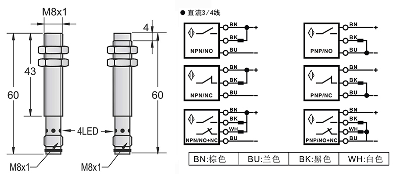 M8-M8-60mm圓柱標準型接近開關接頭式